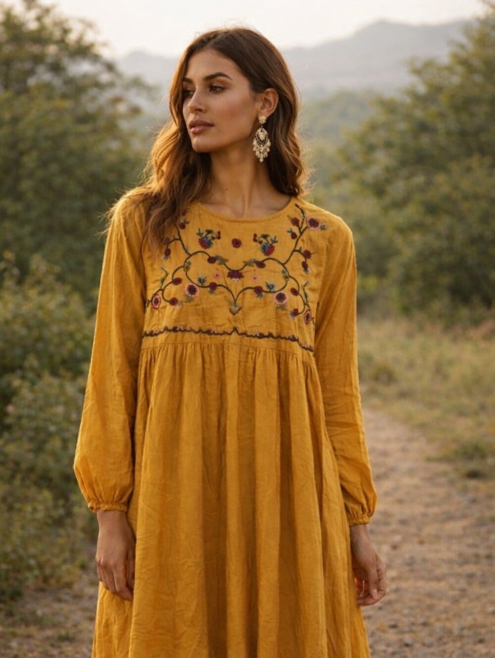🪴Boho Embroidered Mustard Tunic Midi Dress Cottage Core Indie Prairie